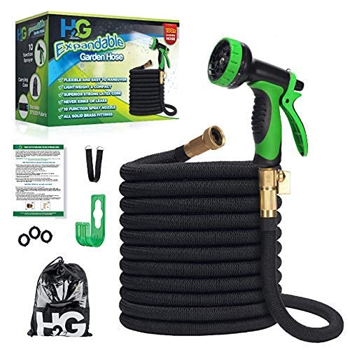 H₂G Collapsible Garden Hose 75ft | Superior Strength Expanding Lightweight Water Shrink Hose 75 ft | Expandable Non Kink Flexible Black Shrinking Flex Hose | 3 4 Brass Connectors | 10 Mode Sprayer