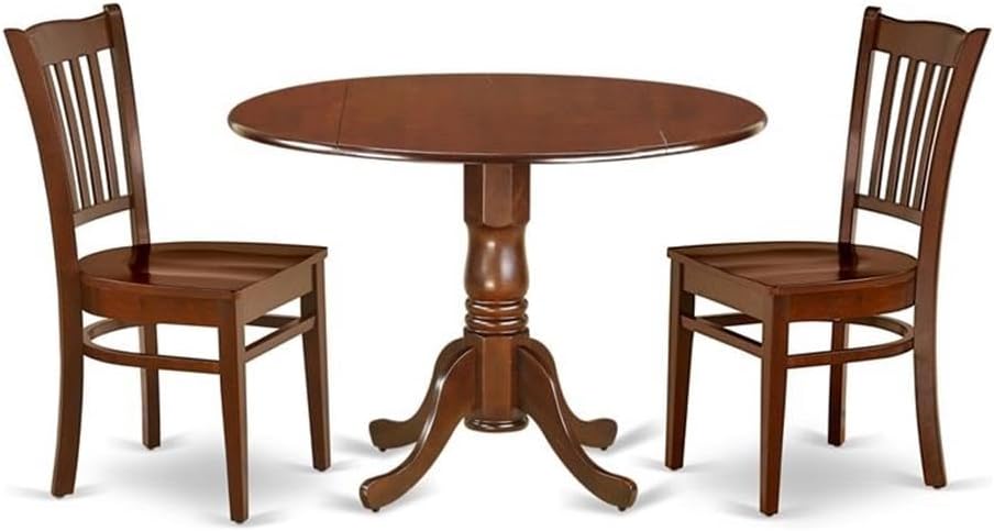 East West Furniture DLGR3-MAH-W 3 Piece Dining Room Table Set Contains a Round Kitchen Table with Dropleaf and 2 Dining Chairs, 42x42 Inch, Mahogany