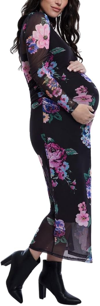 Motherhood Maternity Women's Long Sleeve Mesh Turtleneck Maxi Pregnancy Bodycon Dress