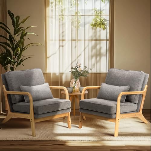 COLAMY Mid Century Modern Accent Chair Set of 2 with Lumbar Pillow, Relaxing Armchair with Solid Wood Frame & Soft Cushion, Reading Leisure Chair for Living Room,(Grey)