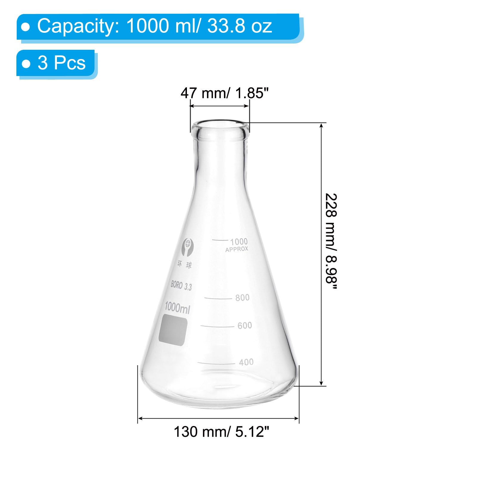 PATIKIL Erlenmeyerkolben 3 Stück 1000ml 33.8oz Schmalhals Messkolben Borosilicatglas Mit Aufgedruckter Skala Für Labor Experimente Chemie Wissenschaft Studium