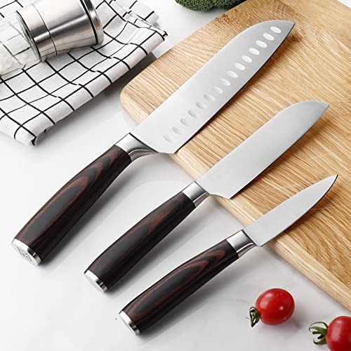 Image of KEEMAKE Santoku Knife Set of 3pcs, Japanese Chef Knife Sets with German High Carbon Stainless Steel 1.4116 Kitchen Knives, Pakkawood Handle Cutting Knives