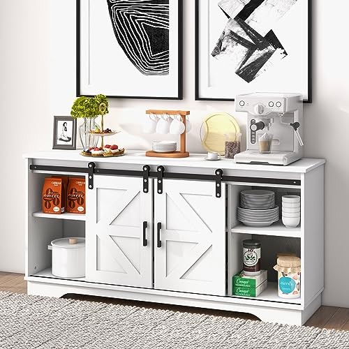 Panana Coffee Bar Storage Cabinet with 2 Sliding Barn Doors - Buffet Farmhouse Cabinet for Living Room TV Stand (White) - Image 9