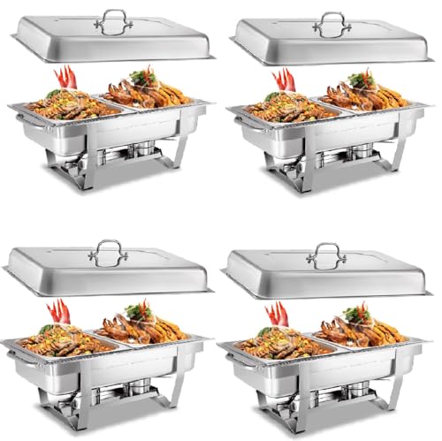 ALSTON 9L Chafing Dish Buffet Catering Food Warmer Pan Multifunctional Stainless Steel Dinner Plate Tray Set Buffet Server for Parties (4PCS 2Tray)
