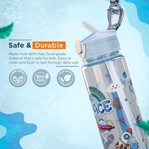 Image of BAYBEE Galaxy Kids Water Bottle 800ml | Leak-Proof Baby Sipper Bottle with Flip Lock Lid & Silicone Straw | BPA-Free School Water Bottle for Boys & Girls, Drinking Training Sipper Bottle Kids (Blue)
