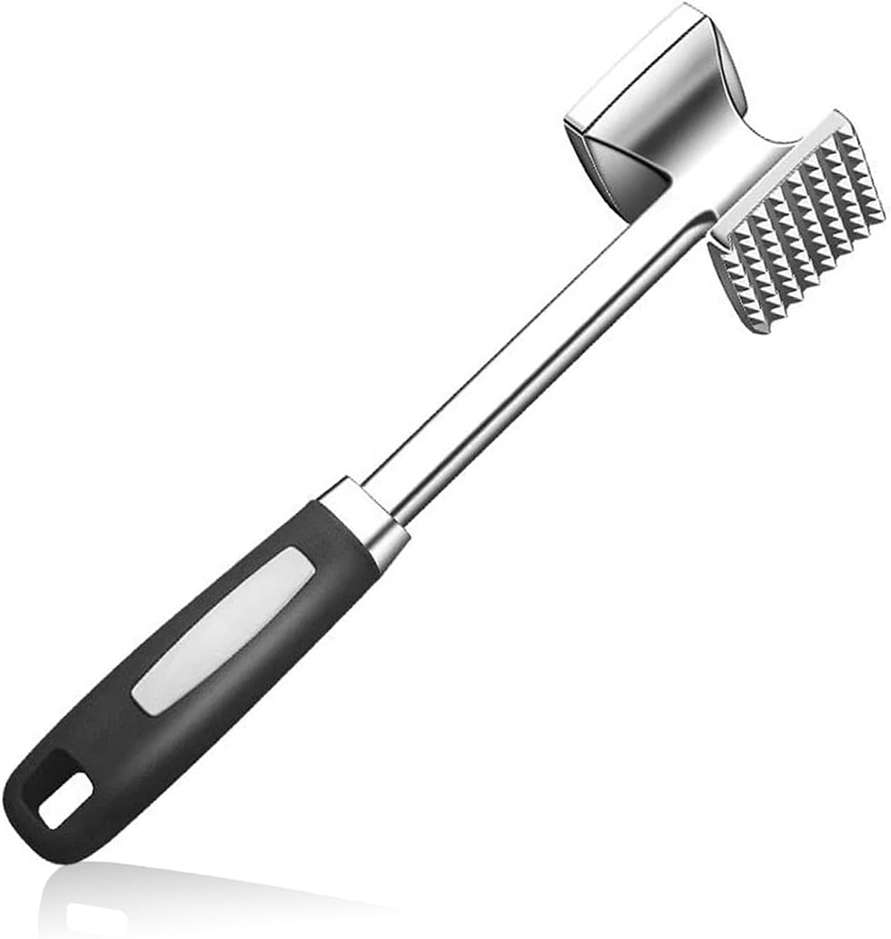 Professional Meat Tenderiser Mallet, Double-Sided Metal Head, Stainless Steel with Black Ergonomic Handle (Metal, Silver)