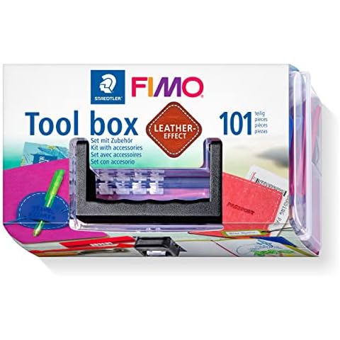 STAEDTLER 8019 01 FIMO Leather-Effect Modelling Clay Tool Box - 101-Piece Starter Kit Including Modelling Tools & Stamp Kit,Ivory,Black Cover