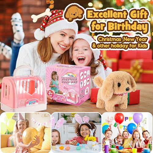 Hundespielzeug für Kinder, laufender bellender Schwanz wackelnder gehender elektrischer Plüschhund mit Leine Hundekäfig interaktives Haustier Hundeschenkspielzeug für Kinder Mädchen 3 4 5 6 Jahre