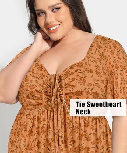 Image of CARCOS Plus Size Dresses for Curvy Women Tie Sweetheart Neck Summer Maxi Dress Short Sleeve Empire Waist Floral Boho Dress