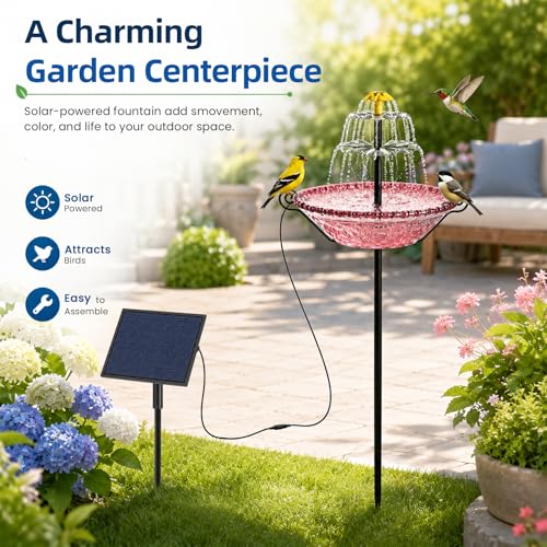 Bird Bath for Outside with Solar Fountain, Plastic Bowl on Metal Stake and Ground Stand, Freestanding Garden Accent for Yard and Patio (Pink(L)) — view 2