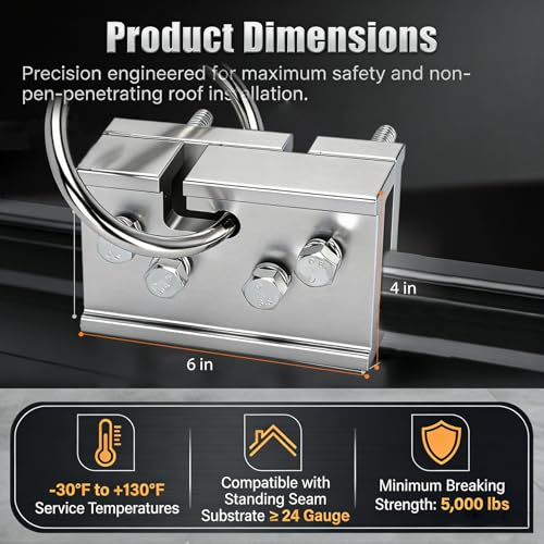 Image of Upgraded Fall Protection Roof Anchor - 5,000 lbs Breaking Strength, OSHA /ANSI Compliant, Non-Penetrating Roof Clamp for Metal Roofs, Fits 150+ Seam Profiles, Portable Fall Protection Safety Anchor