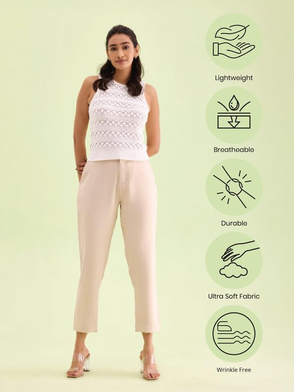 Image of GO COLORS Solid Formal Crepe Pants for Women | Mid Rise, Side Pocket