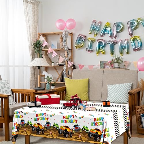 Image of Monster Truck Tablecloth - 3 Pcs Disposable Machine Table Cover, Checkered Tablecloth for Monster Truck Birthday Party Decorations