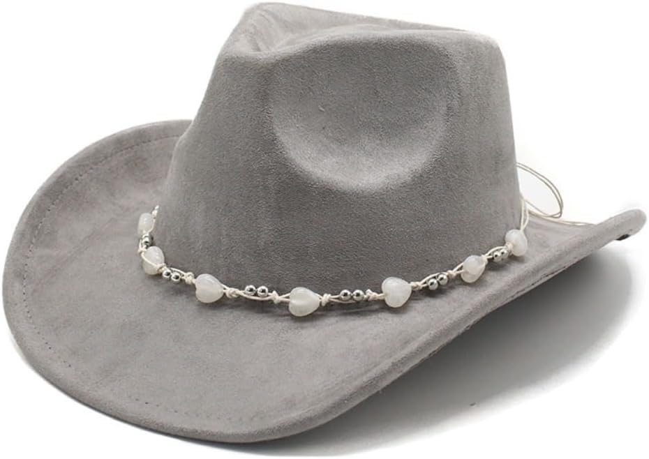 Western Cowboy Hat, Gray, Beaded Hatband with White Stones, Faux Suede Material