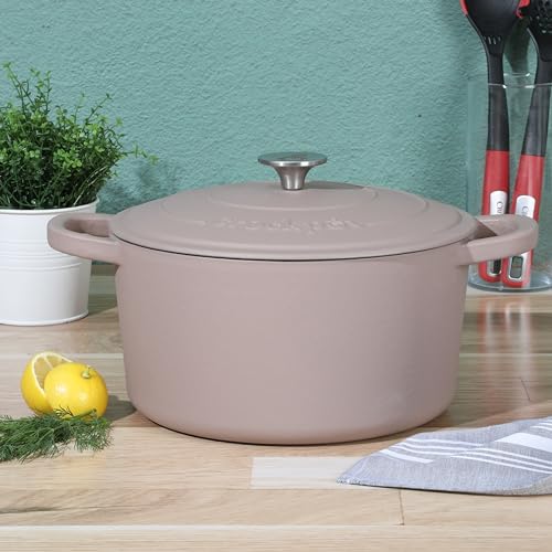 Image of Crock Pot Artisan 7-Quart European Enameled Round Cast Iron Dutch Oven Pot With Lid - Matte Dusty Pink