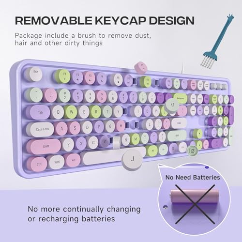 Image of KNOWSQT Wired Computer Keyboard - Purple Colorful Retro Full Size Round Keycaps Plug and Play Typewriter Cute Keyboards for Windows, Laptop, PC, Desktop, Computer