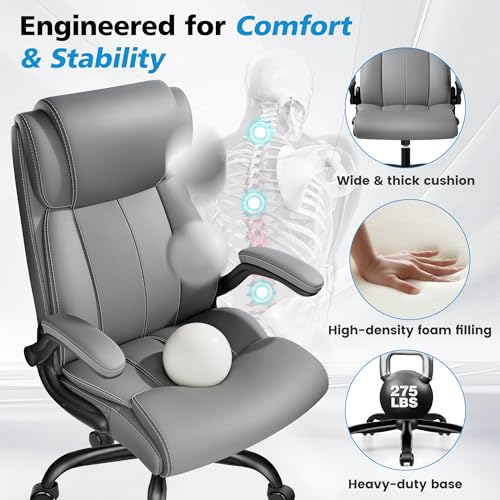 Image of Ergonomic Office Chair, High Back Leather Executive Desk Chair | Inflatable Lumbar Support, Padded Arms for Elbow Comfort, Heavy-Duty Rocking Chair for All-Day Sitting, Plush Wide Seat, Gray
