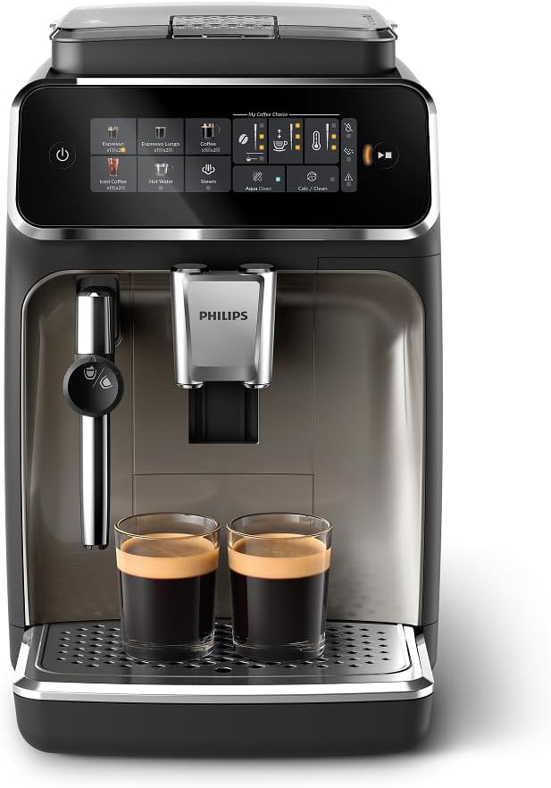 PHILIPS 3300 Series Fully Automatic Espresso Machine with integrated milk frother and grinder, 5 Hot & Iced Coffee Pre-Sets, 40% Quieter SilentBrew, 15-Bar Pressure, Glossy Black (EP3326/90) NEW 3300 Series