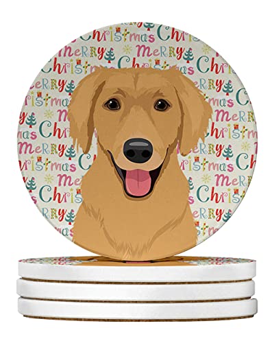 Caroline's Treasures Golden Retriever Gold #2 Christmas Large Sandstone Coasters Pack of 4 Absorbent Round Coasters Decor Gifts for Men or Women, 4 in, Multicolor