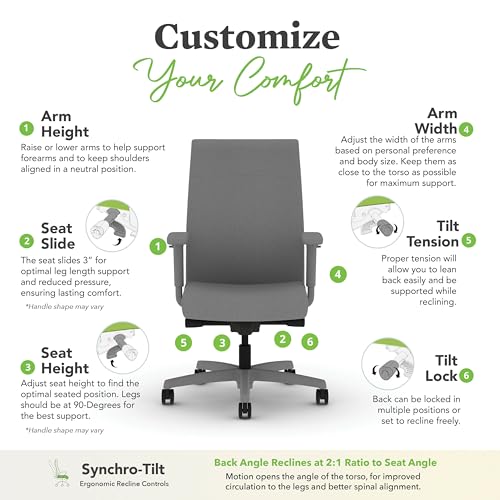 Image of HON Ignition 2.0 Ergonomic Office Chair with Adjustable Arms, Advanced Synchro‑Tilt Recline, Upholstered Desk and Computer Chair for Home Office or Workstation, Titanium Frame, Frost