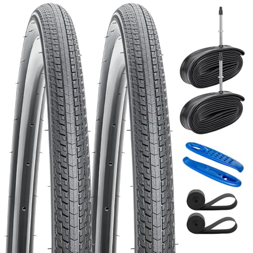 YunSCM 2本セット,700 32c タイヤ,700x32c 32-622 自転車タイヤ + チューブ 仏式バルブ60mm +リムテープ+タイヤレバー,適用 700x32c ロードバイク、クロスバイク,Y-289-FV