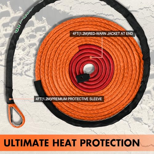 STEGODON 3/8\" x 60ft Synthetic Winch Rope 19,854lbs Dyneema Winch Cable Line with Hook and Sleeve Protection Car Tow Recovery Cable for 4WD Off Road Vehicle SUV Truck(Orange-Slim)