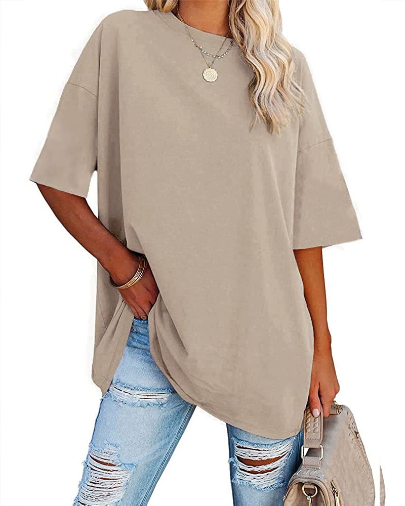 FisoewWomen's Oversized T Shirts Tees Half Sleeve Crew Neck Cotton Tunic Tops