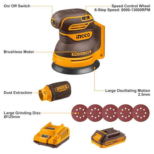 INGCO 20V Cordless Random Orbit Sander 125mm, Brushless Motor, 6 Variable Speeds, Electric Sander Ideal for Sanding, Polishing Wood, Home Improvements CROSLI20021 - Image 4