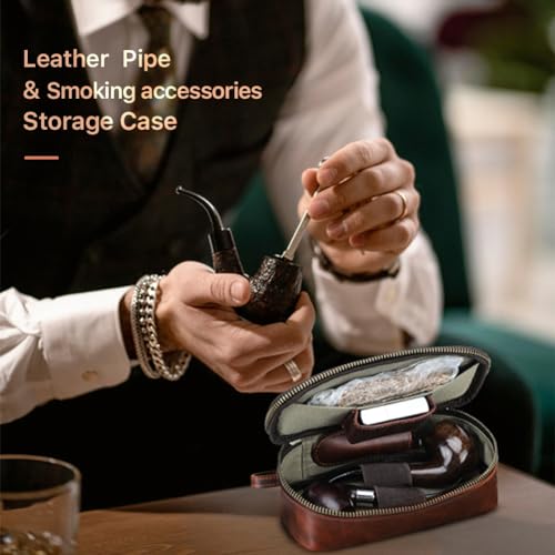 Hiram Handcrafted Leather Small Pipe Tobacco Pouch Travel Smoking Pipe Organizer Portable Accessories Lighter Holder Tobacco Pipes Case for 2 Pipes - Image 4