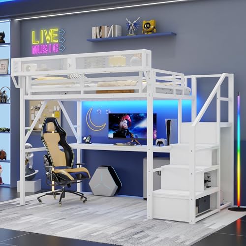 Aurnienofus Full Size Gaming Loft Bed with Stairs and Desk,