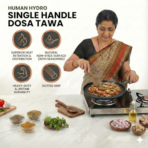 Image of Human Hydro Cast Iron Tawa 25cm (Single Handle) with Heat-Resistant Silicone Grip | Heavy-Duty, Even-Heat | Naturally Non-Stick When Seasoned | Gas & Induction Compatible
