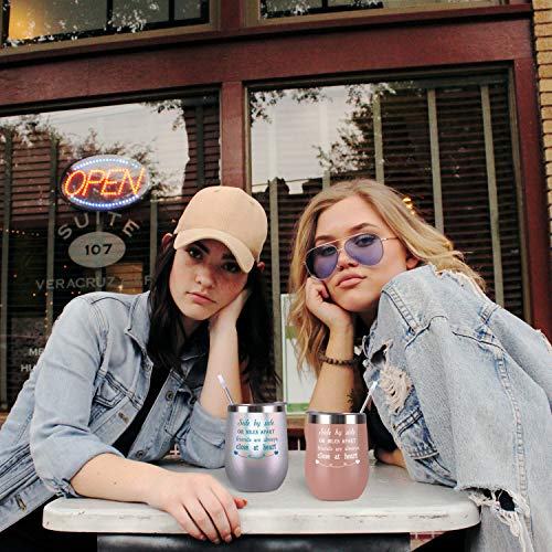 Side By Side or Miles Apart Friends Are Always Close at Heart Wine Tumbler with Lid and Straw, 12 Oz Stainless Steel Wine Tumbler Ideas for Friends Girlfriend Coworker, Glitter Pearl White