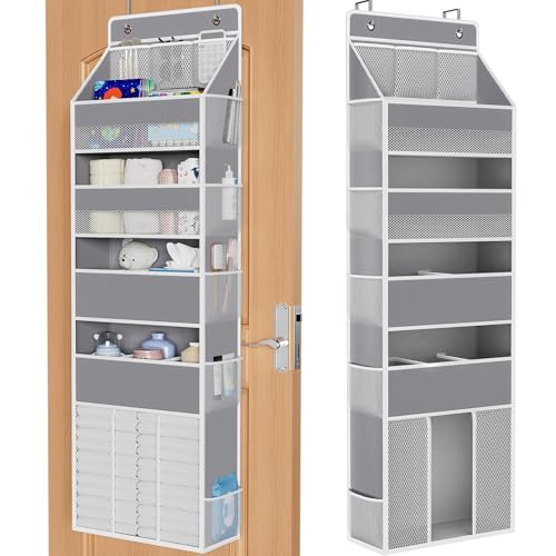 WISELIFE 5-Tier Over the Door Organizer for Hanging - 50LB Heavy-Duty Back of Door Organizer with 5 Spacious Pockets & 13 Mesh Pockets, Multipurpose Storage for Nursery, Bedroom, Closet(1 Pack, Gray)
