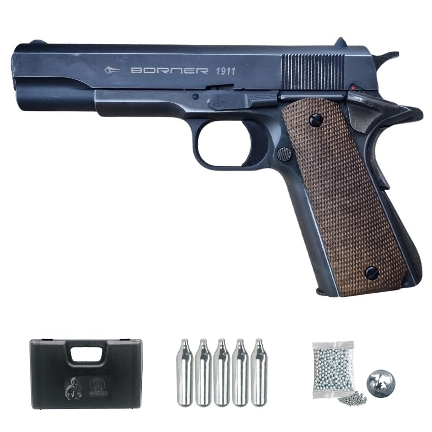 Borner 1911 Blowback CO2 (4,5 mm) | Pistola de Aire comprimido Calibre 4,5mm + 5CO2 + 500 Bolas BB´s + maletín. Pistola con blowback.