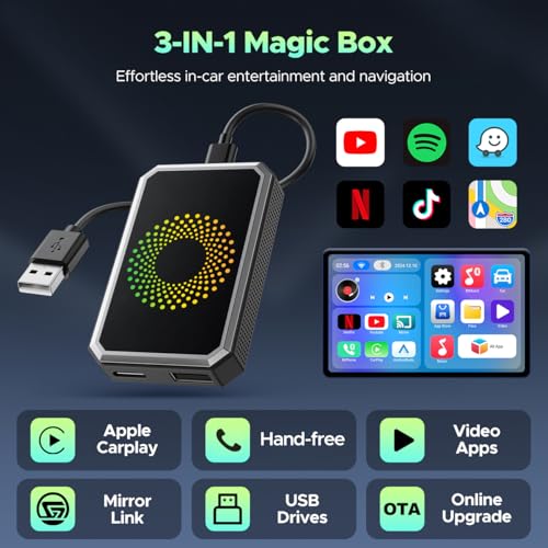 LAMTTO 3-in-1 Magic Video AI Box for Streaming Netflix/YouTube/TikTok, Wireless Carplay Adapter Dongle with USB Drive for OEM Wired Apple Car Play Cars - Image 3