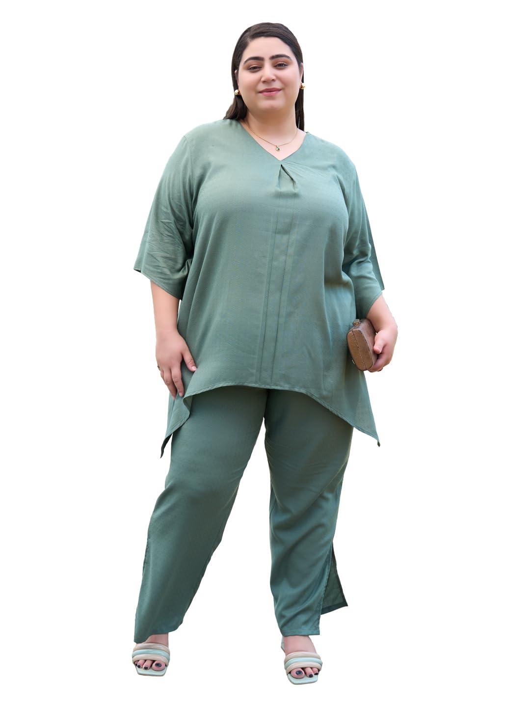 Plus Size Self Design Rayon Co-Ord Set for Women | V-Neck Pleated Tunic with Three-Quarter Sleeves & Elastic Waist Trousers | Casual Wear Plus Size Outfit | 3XL to 6XL-image-5