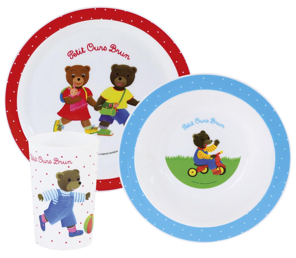 Set Pasto FUN HOUSE Piccolo Orso Bruno – Piatto, Ciotola E Bicchiere Per Bambini In Polipropilene Bianco (26,5 X 8,5 X 24,5 Cm)