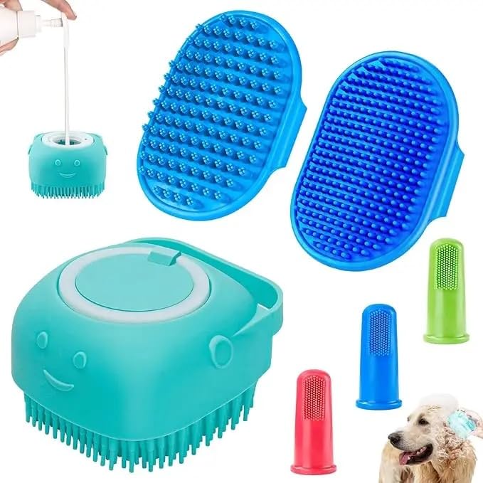 Dog Bath Brush Kit with Adjustable Ring Handle, Short and Long Hair Brushes (Blue/lightblue)