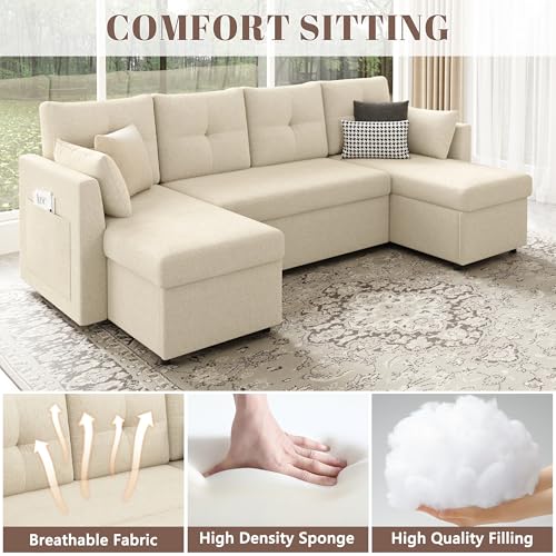 Image of Huatean Home Oversized Sleeper Couch Sofa, Sectional Sleeper Sofa Bed with Side Pocket for Living Room, 110 inch 2 in 1 Pull Out Couch with Double Storage Chaise, Beige