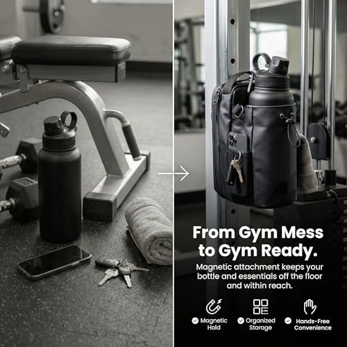 Image of Magnetic Gym Bottle Holder Bag | Strong Magnet Water Bottle Carrier with Storage Pockets & Zippered Compartments | Gym, Fitness & Workout Accessory | Black | Faux Leather