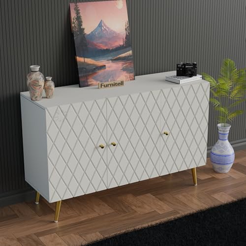 Image of Modern Wooden Storage Cabinet with 2 Doors | Geometric Design Sideboard /Cupboard for Living Room | Multipurpose Organizer for Bedroom & Entryway | HDMR Premium Wood | Gold Metal Legs(White)