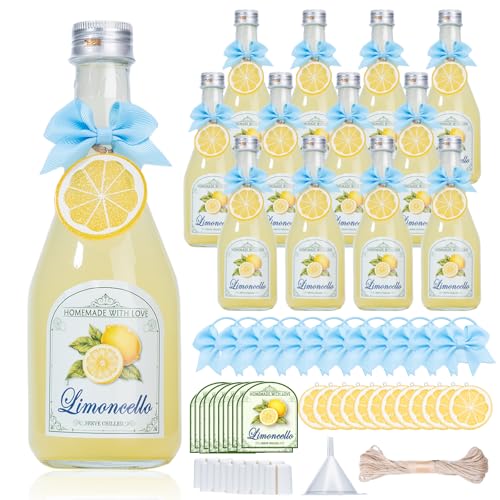 CAI LAI 12 Sets 110 Pcs 11 oz Empty Limoncello Bottles with Labels Glass Bottles for Homemade Limoncello Glass Bottles with Lids Stickers for Baby Shower Party Favors