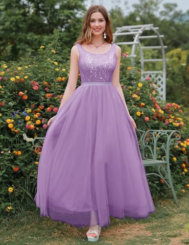 Image of BeryLove Sequin Dress for Woman Vintage A Line Wedding Formal Swing Mesh Dress Sleeveless Cocktail Maxi Gowns