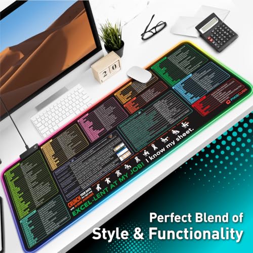 Image of Excel Cheat Sheet LED Desk Pad | Excel Shortcut Keys Mouse Pad - Colorful RGB Luminous Extended Large Gaming Mousepad| PC Office Spreadsheet Keyboard Mat| Non-Slip Stitched Edge Desk Mat