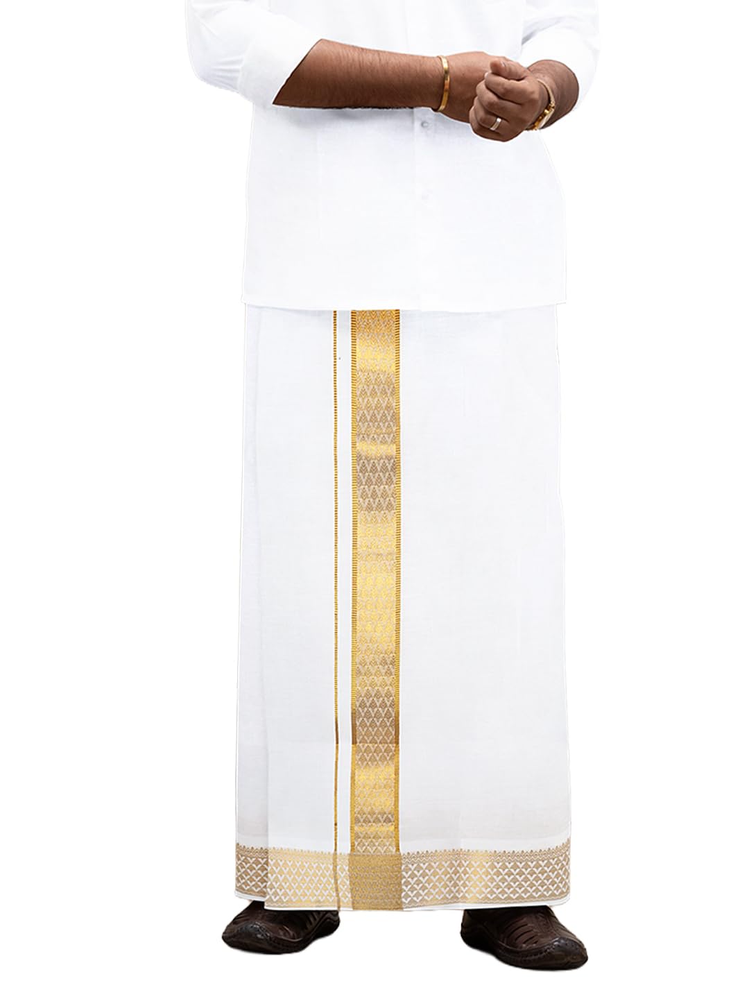 ramraj cotton Men 100% Cotton Single Layer White Dhoti with Gold Jari Border Aura-picture-13