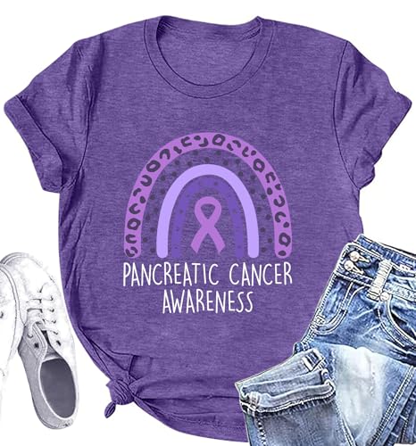 Pancreatic Cancer Shirt for Women: Purple Ribbon T Shirt Pancreatic Cancer Rainbow Short Sleeve Tee Top3