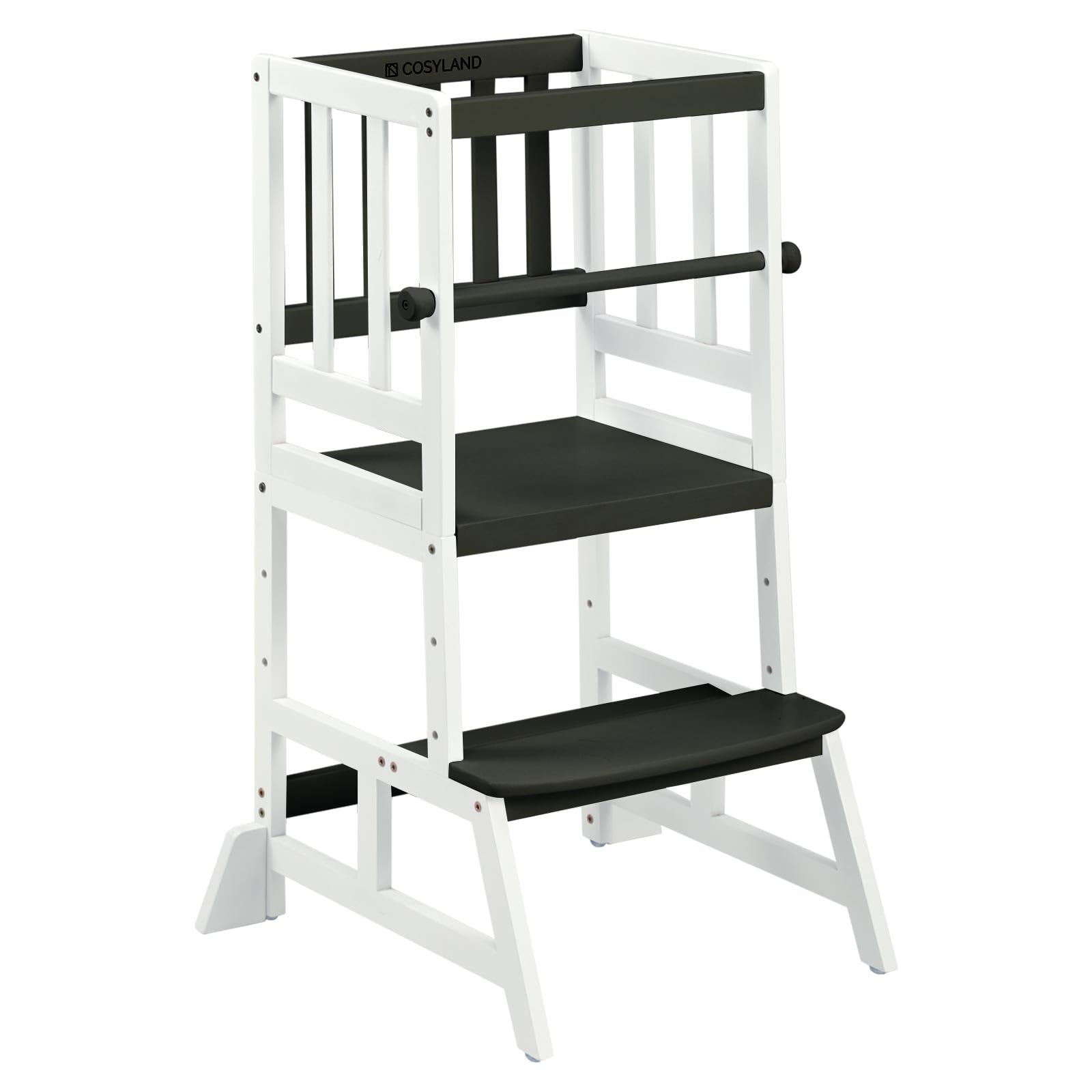 COSYLANDToddler Standing Tower - Adjustable Height Toddler Kitchen Stool Helper - Kids Kitchen Step Stool for Learning with Removable Safety Railing Black&White