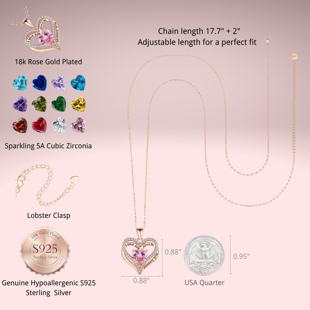 Birthstone Heart Necklace for Women, S925 Sterling Silver Rose Gold Pendant, Jewelry Gift for Wife, Girlfriend, Mom, Daughter, Anniversary Birthday Valentine’s Day - Image 4