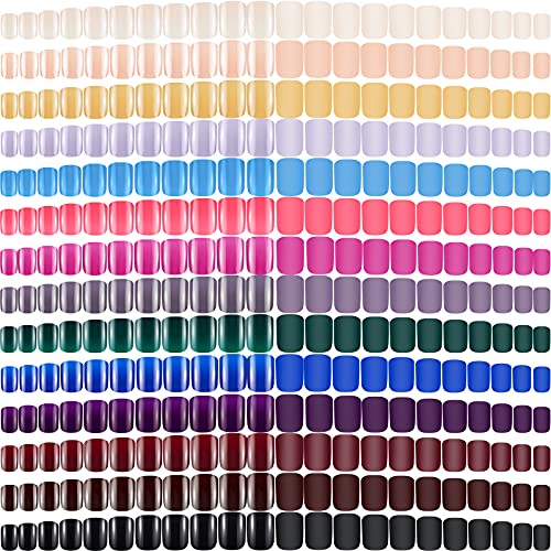 672 Pieces 28 Sets Short Square Press on Nails Full Cover Short Glossy Square Fake Nails Short Matte Square Artificial Nails for Nail Salon Art DIY Decoration Supplies, 2 Styles (Classic Colors)