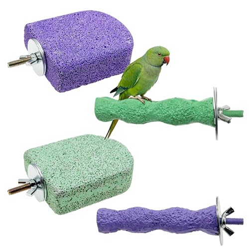 Image of Pet Teeth Grinding Stone and Perch, Bird Perch Stands, Natural Chewing Toys for Small Medium Birds Budgies Conures Cockatiels Rats, Cyan and Purple